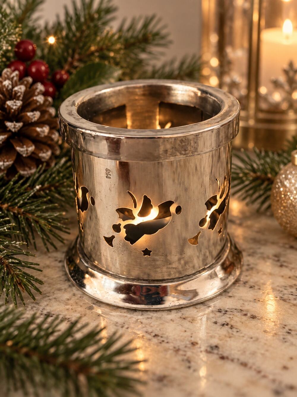 Vintage Silverplate Angel Votive Candle Holder Christmas Pierced Luminary